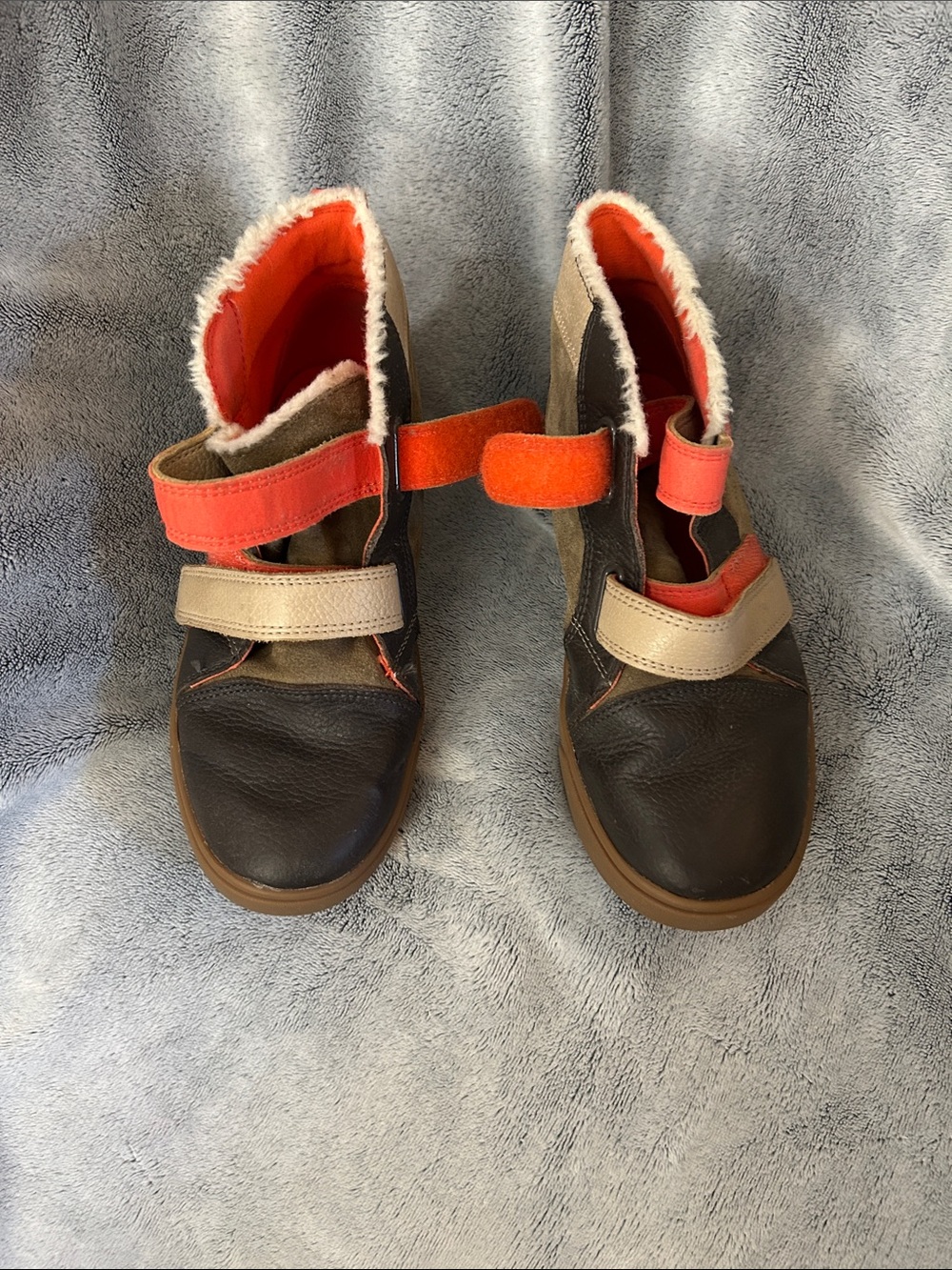 Kids Brown Leather UGG High-Top Shoes with Orange and Tan Accents